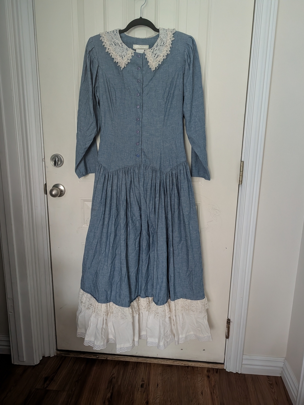 Gunne Sax Blue Cotton Lace-Collar Long Sleeve Maxi Dress